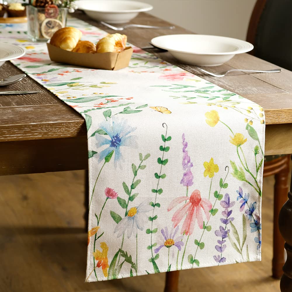 Spring Table Runner 13x72 Inch Watercolor Wild Flower Farmhouse Rustic Holiday Kitchen Dining Table Decoration for Indoor Outdoor Dinner Party Décor