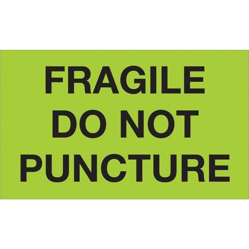 Tape Logic Labels, &#x22;Fragile - Do Not Puncture&#x22;, 3&#x22; x 5&#x22;, Fluorescent Green, 500/Roll