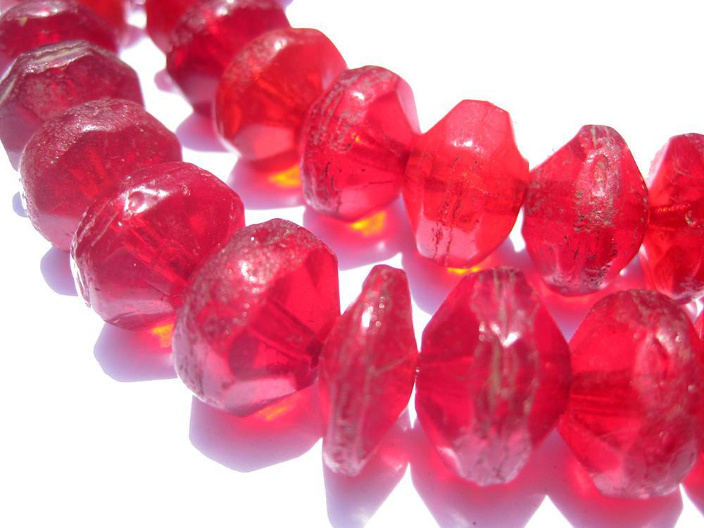 TheBeadChest Vintage Red Vaseline Beads 16mm Ethiopia African Bicone Glass Large Hole 21 Inch Strand Handmade