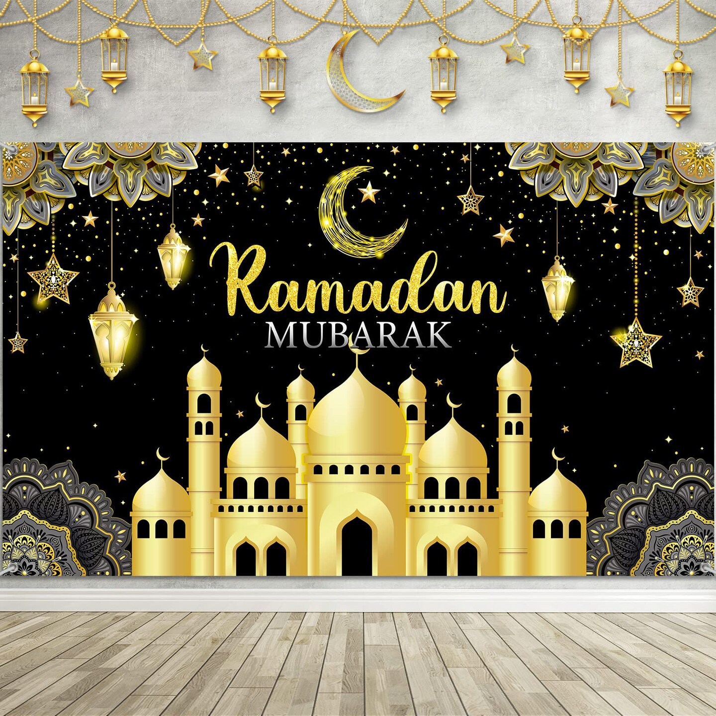 Ramadan Mubarak Decorations Backdrop Banner Muslim Kareem Background Eid Sign Photo Booth for Home Al Fitr Party Supplies (Black)
