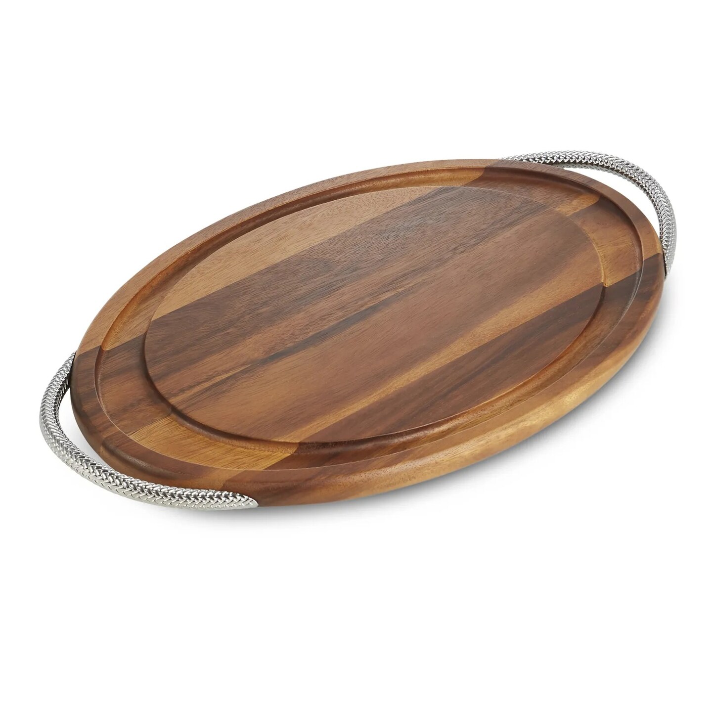 Nambe Braid Collection 24&#x201D; L Acacia Wood Carving Board with Chrome Plate Handles