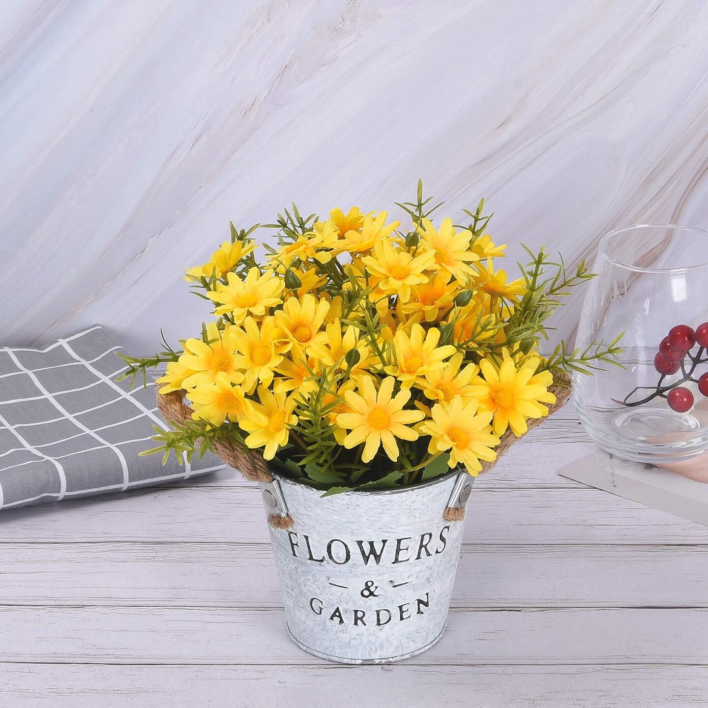 Silky Artificial Daisy Bouquet in Metal Pot &#x2013; Perfect for Weddings, Parties, and Home Decor