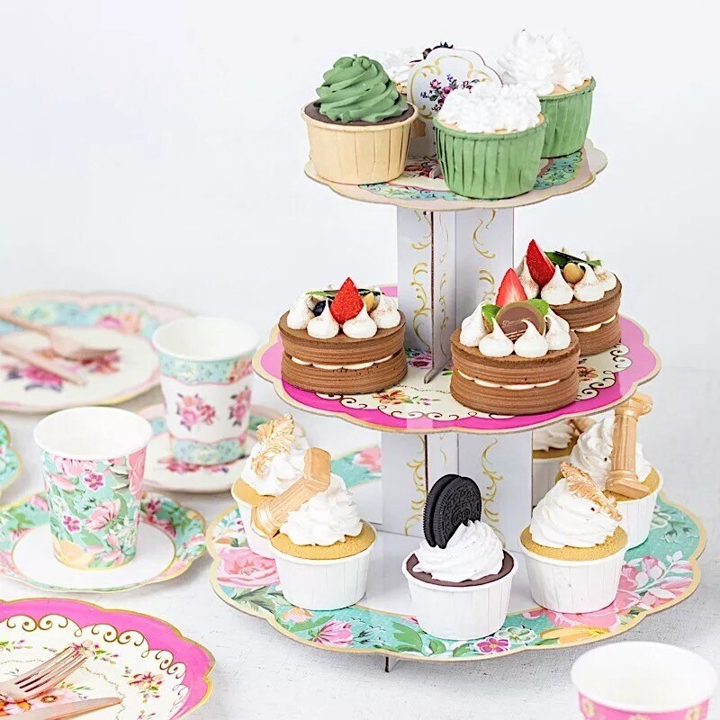 2 Round 14&#x22; 3 Tier Floral Cardboard Cupcake Stands