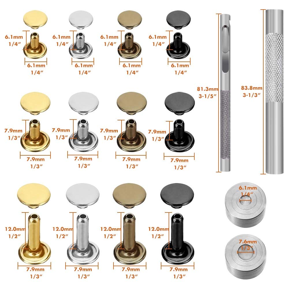 480 Sets 4 Colors 3 Sizes Leather Rivets Double Cap Rivet Tubular Metal Studs with 3 Pieces Setting Tool Kit for Leather Craft Repairs Decoration