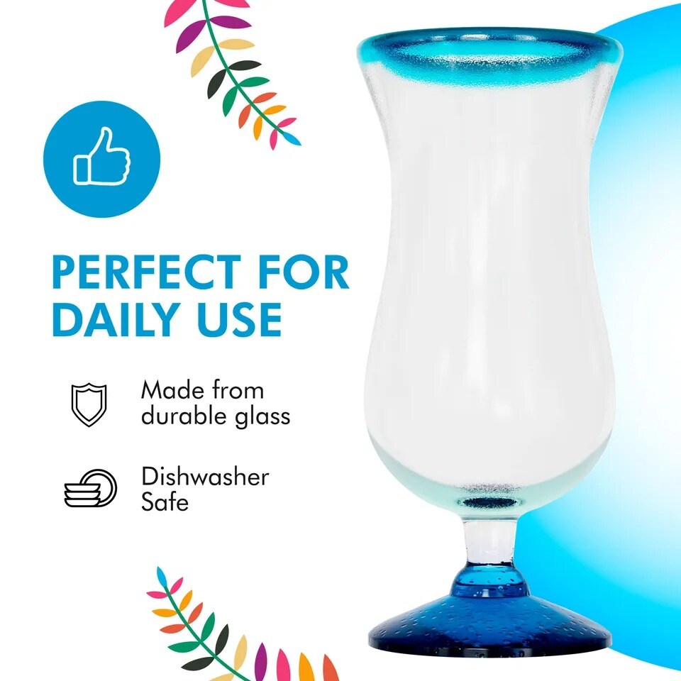 Amici Home Authentic Mexican Handmade 16 oz Hurricane Glass, Set of 4 - Aqua Rim