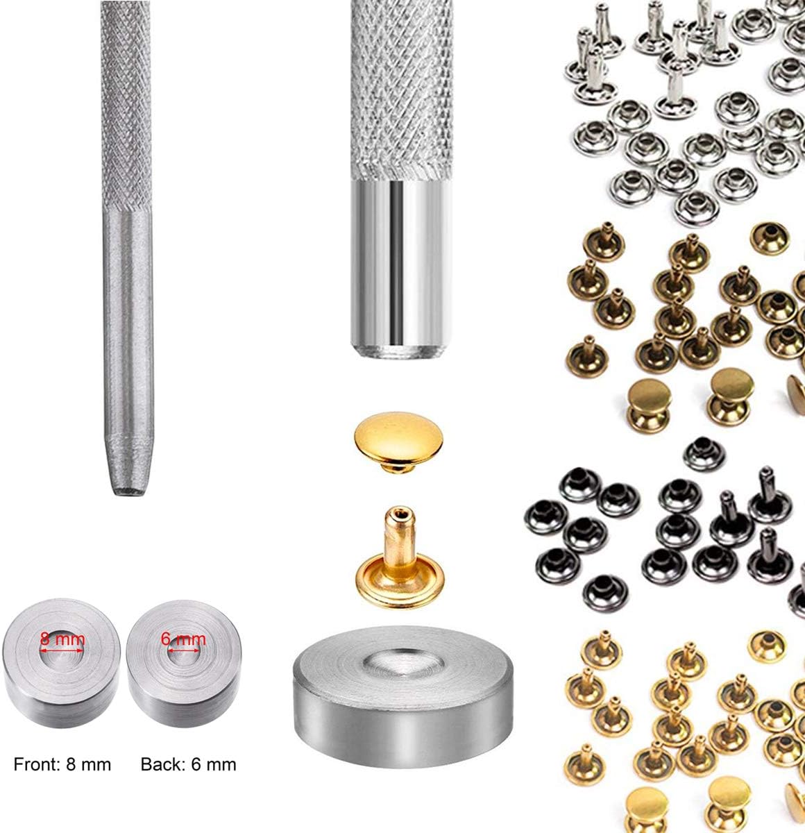 484Pcs Leather Rivets Double Cap Rivet Tubular Metal Studs 3 Sizes with Punch Pliers and 3Pcs Setting Tool Kit for Leather Craft Repairs Decoration (Gold,Silver,Bronze,Gunmetal, 4 Colors)