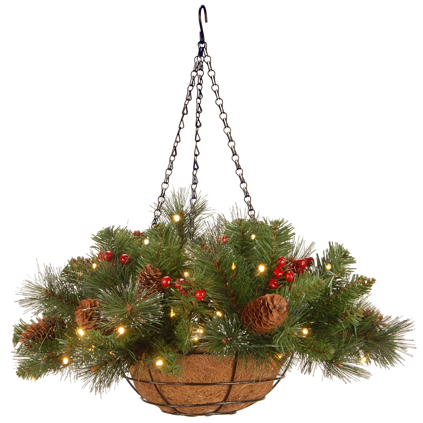 16&#x22; Crestwood Spruce Hanging Basket with Battery Operated LED Lights