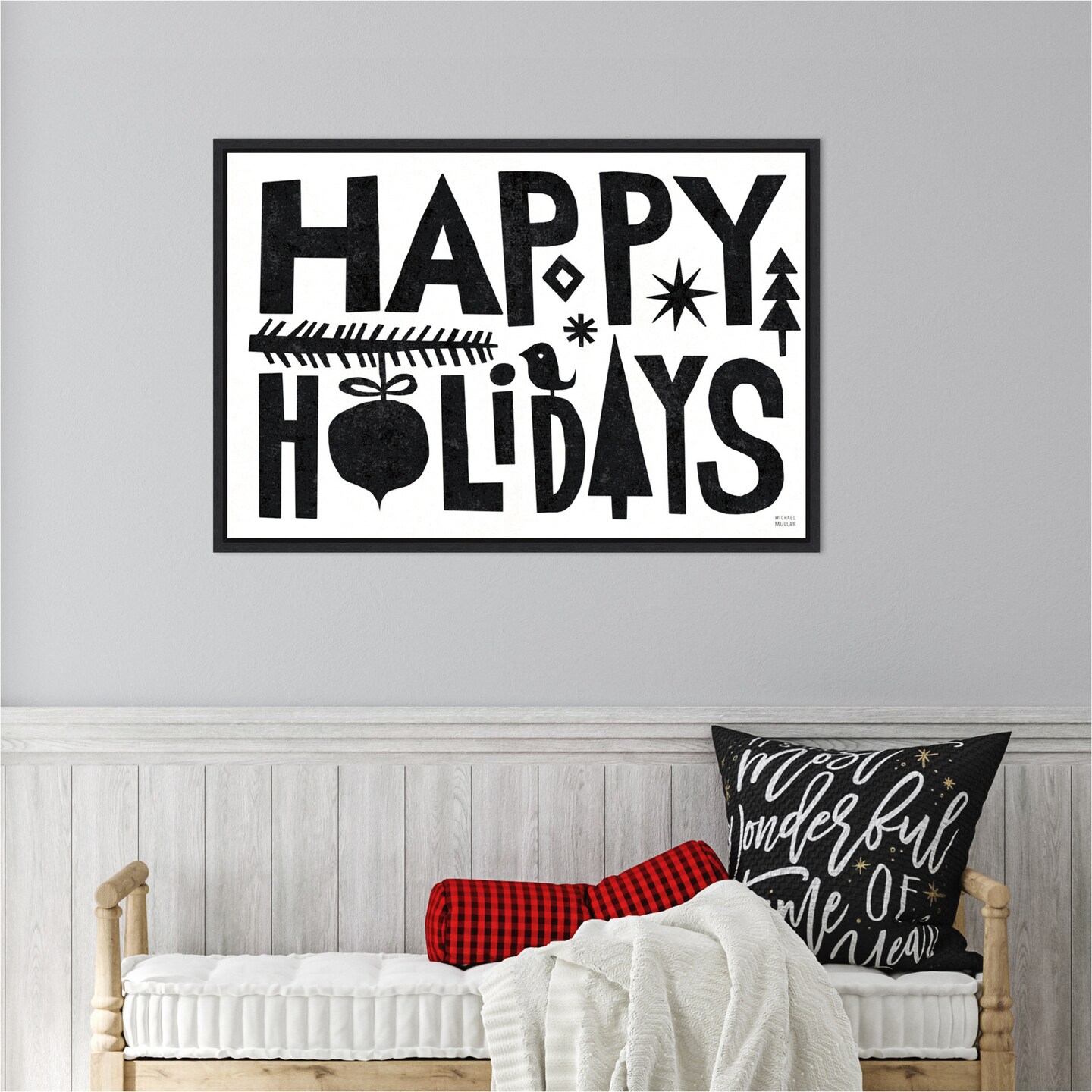 Christmas Whimsy Happy Holidays Black by Michael Mullan Canvas Art Framed