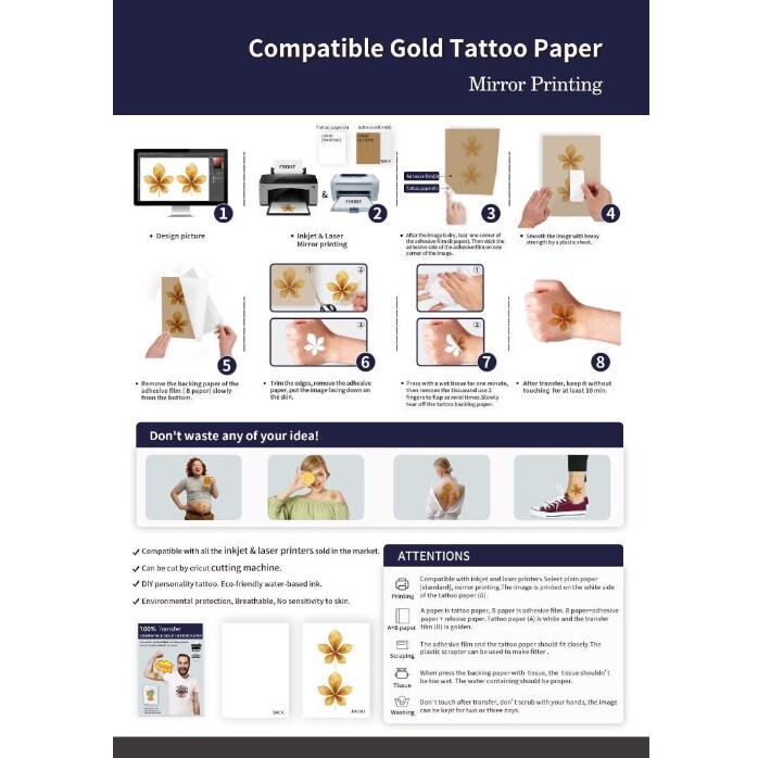 INKJET Temporary Tattoo Tatoo GOLD Transfer Decal Paper 8.5”x11” 25 Sh Made In US.