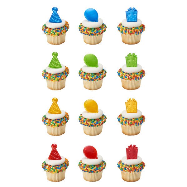 Happy Birthday Icons Cupcake Rings, 12ct