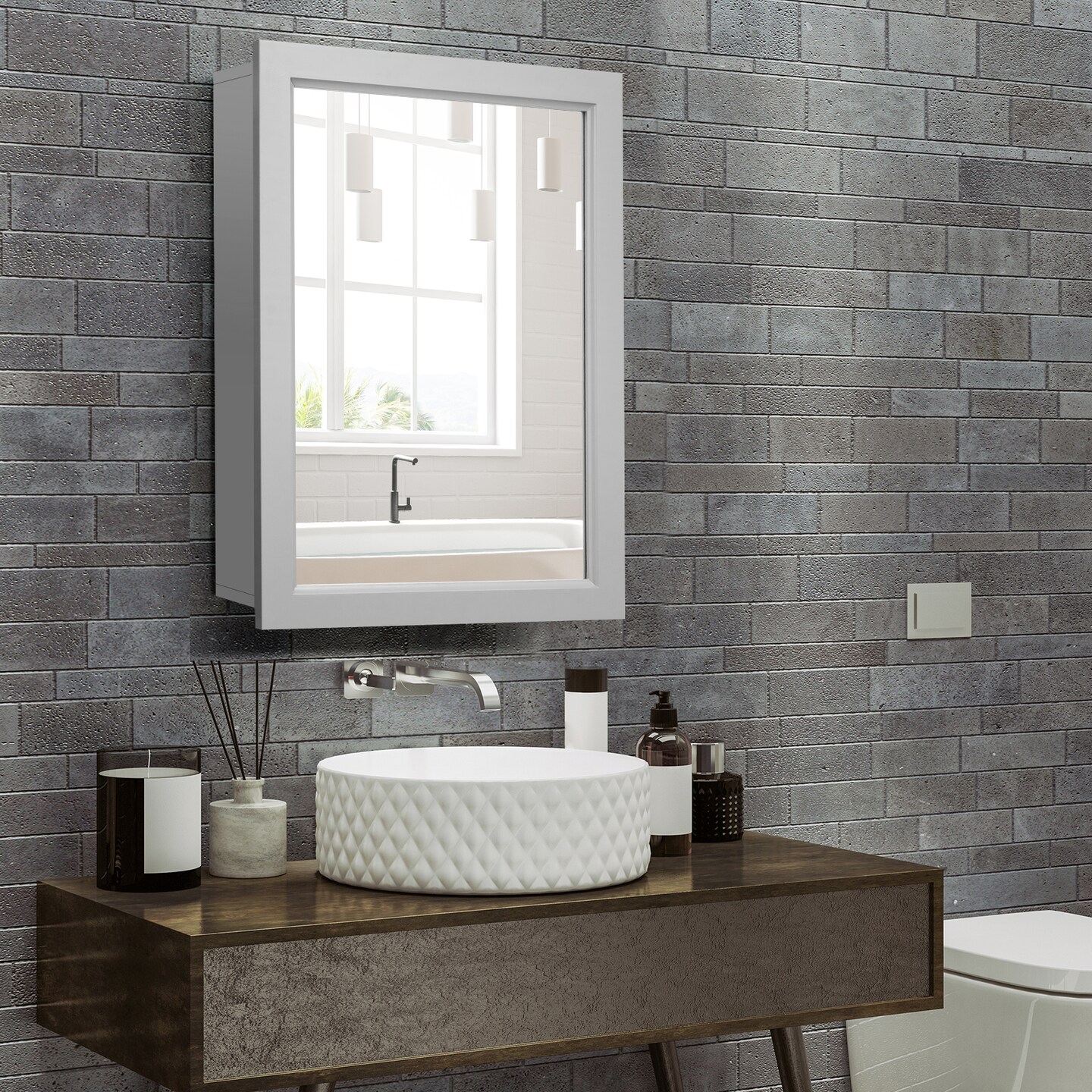 MDF and Glass Wall Mounted Bathroom Cabinet with Mirror and Adjustable Shelves