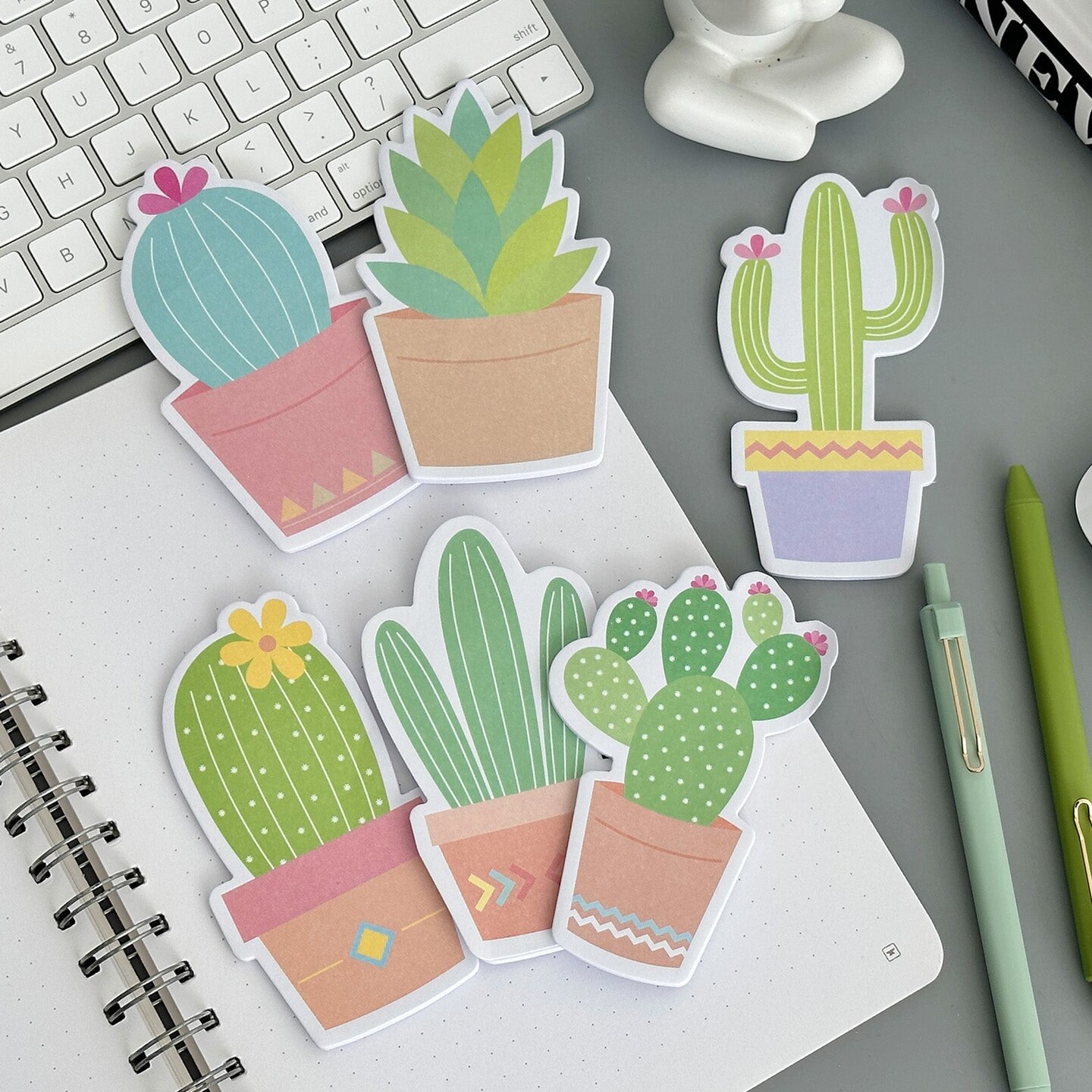 Wrapables Cute Cactus Succulents Sticky Notes, Adhesive Memo Notepads for Home, Office, Work (Set of 6)