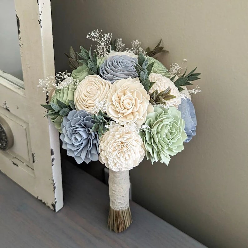 Sage, Dusty Blue, and Ivory Sola Wood Flower Bouquet with Baby's Breath and Greenery Bridal
