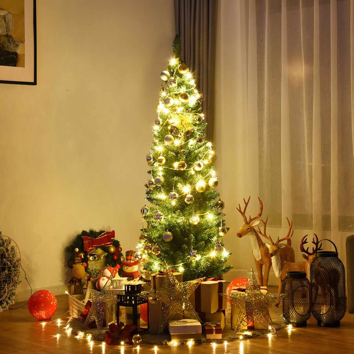 PVC Artificial Slim Pencil Christmas Tree with Metal Stand Ideal for Small Spaces