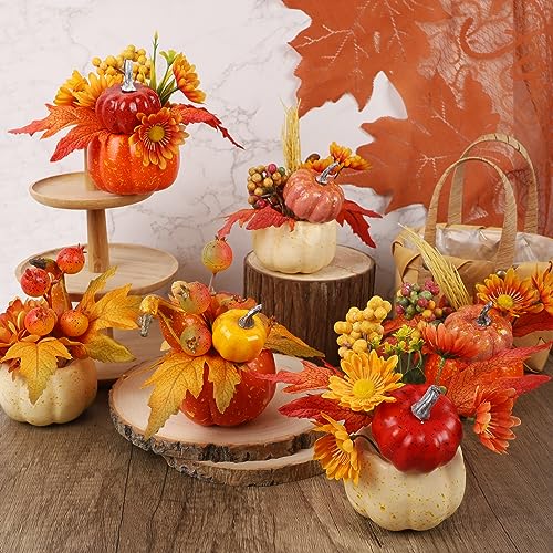 winemana Thanksgiving Decorations Set of 6 Artificial Pumpkins, Decorative Pumpkin with Maple and Flowers for Harvest Fall Decor Table Centerpiece Home Kitchen Party