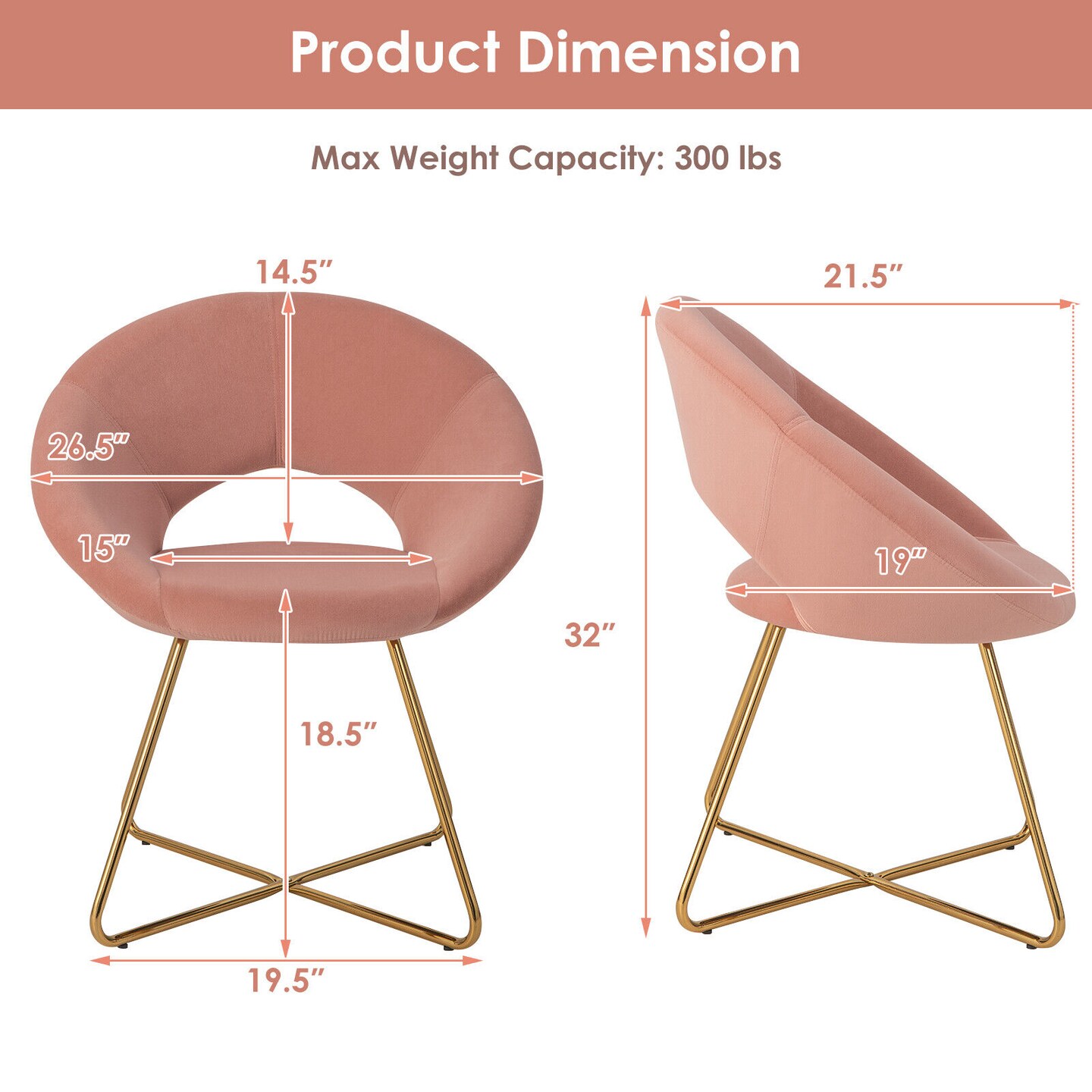 Pink Modern Velvet Accent Chair Vanity Chair with Golden X-Shaped Metal Legs