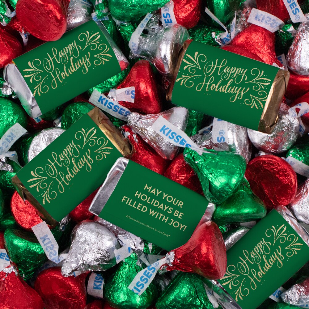 131 Pcs Christmas Candy Chocolate Party Favors Hershey&#x27;s Miniatures &#x26; Red, Green &#x26; Silver Kisses (1.65 lbs, Approx. 131 Pcs) - Happy Holidays