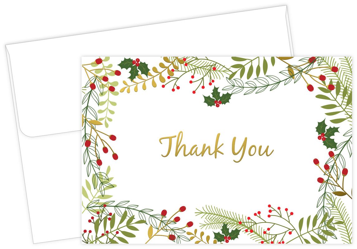 Great Papers! Thank You Note Card with Gold Foil, Merry Twigs and Holly, 4.875&#x22; x 3.375&#x22;(folded), 50 cards/envelopes