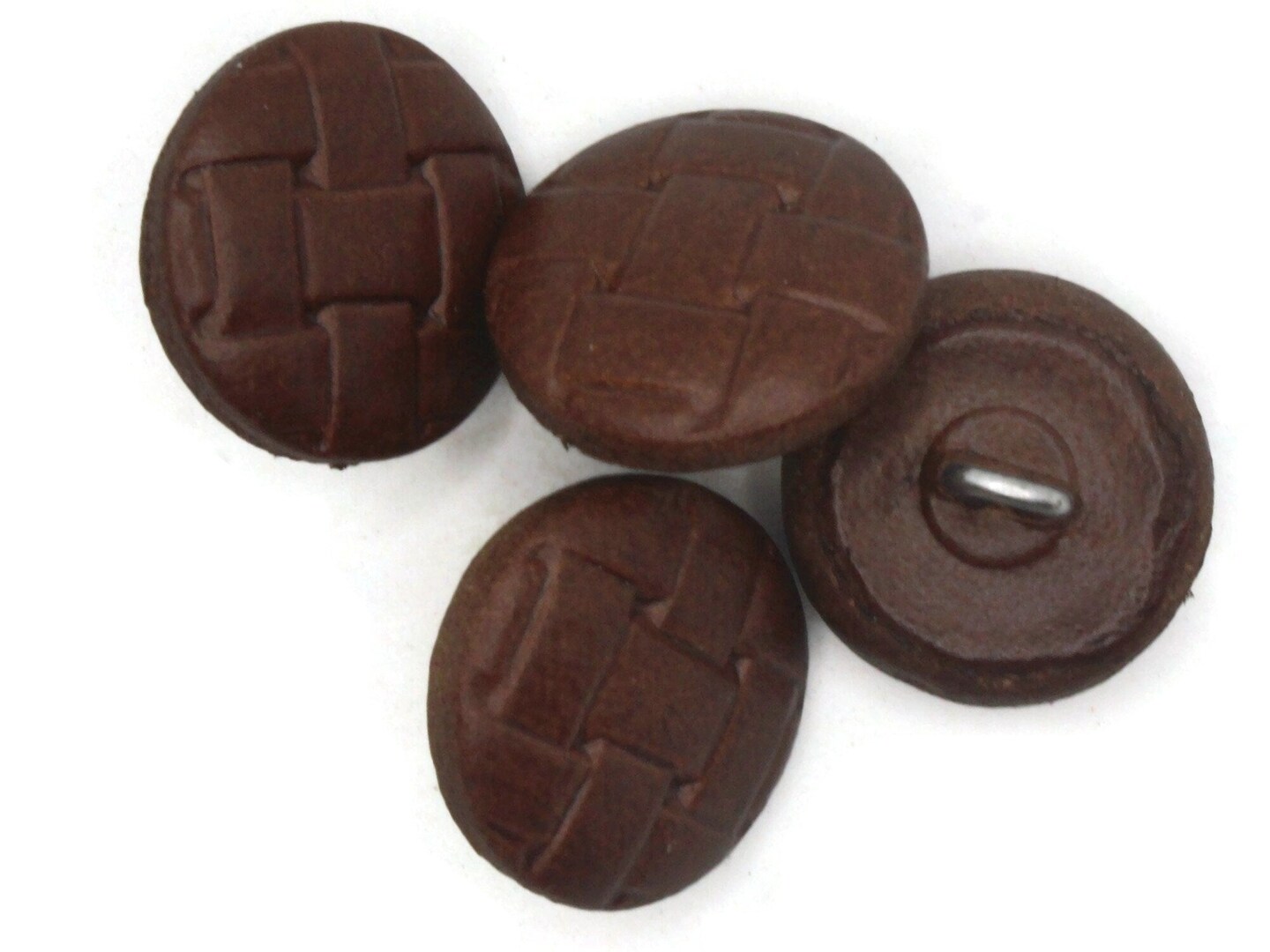 4 20mm Vintage Brown Leather Basket Weave Pattern Shank Buttons Sewing Notions