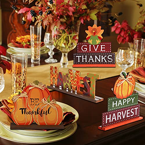 4 Pack Thanksgiving Themed Table Centerpiece Signs, Wood Pumpkin Table Decor Harvest Autumn Glittery Pumpkins Table Topper for Home Office Thanksgiving Decorations