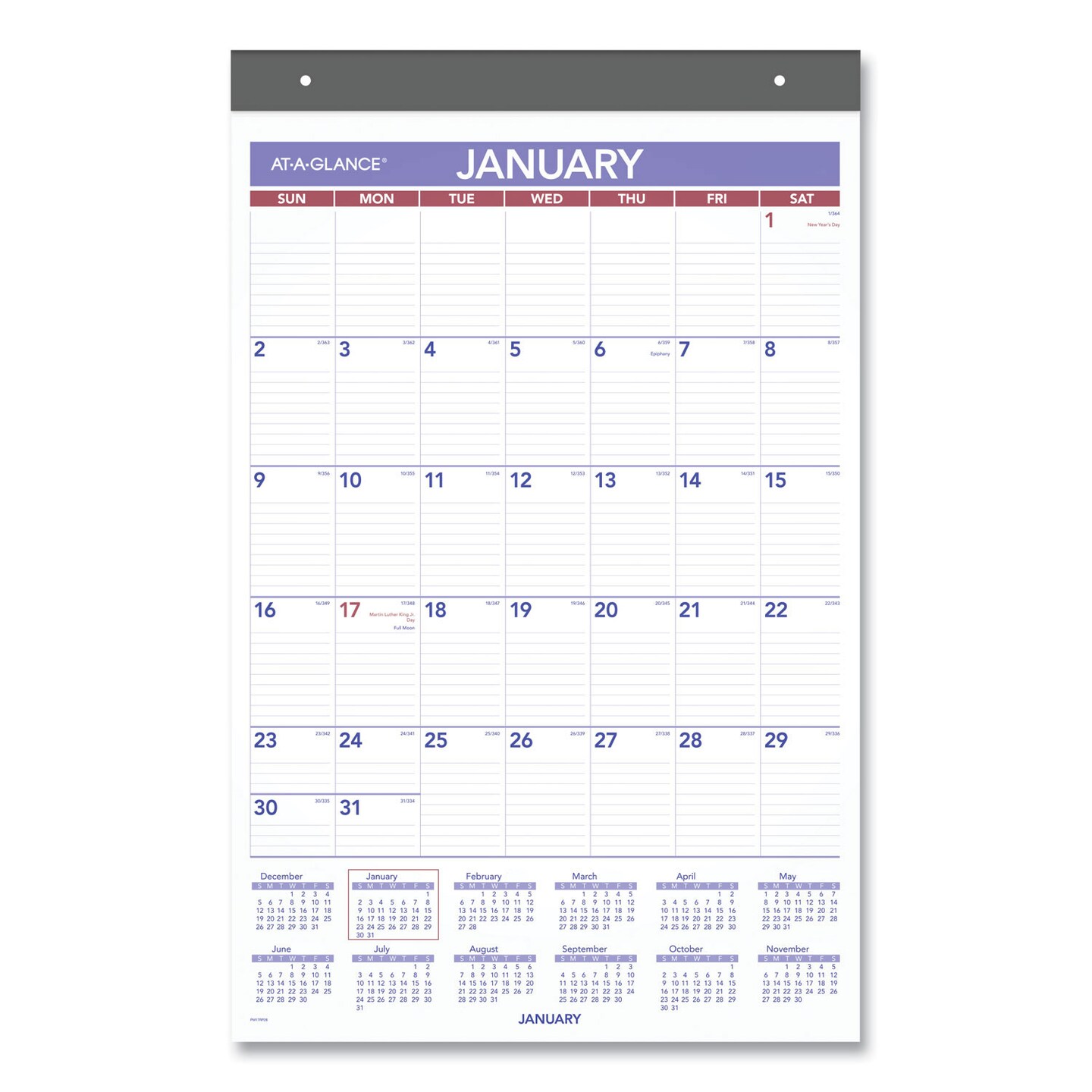 Repositionable Wall Calendar, 15.5 x 22.75, White/Blue/Red Sheets, 12-Month (Jan to Dec): 2024