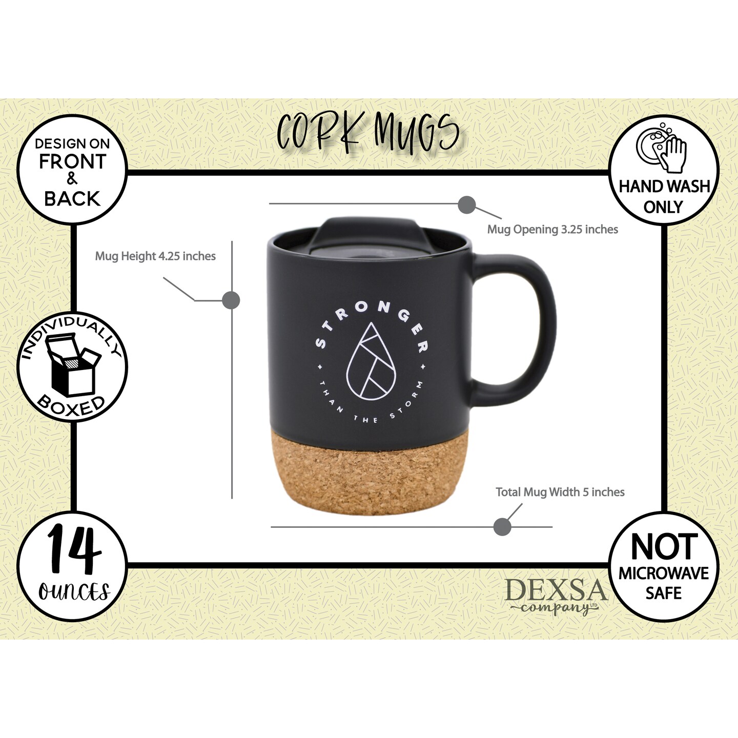 Dexsa Stronger Than The Storm Designer Cork Bottom Mug with Lid - 14 oz