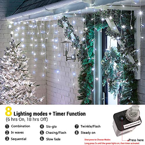 Christmas Icicle Lights Outdoor, 360 LED 29.5ft 8 Modes Fairy Icicle String Lights with 60 Drops, Led Christmas Twinkle Lights for Holiday, Party, Wedding, Eaves, Christmas Decorations (White)