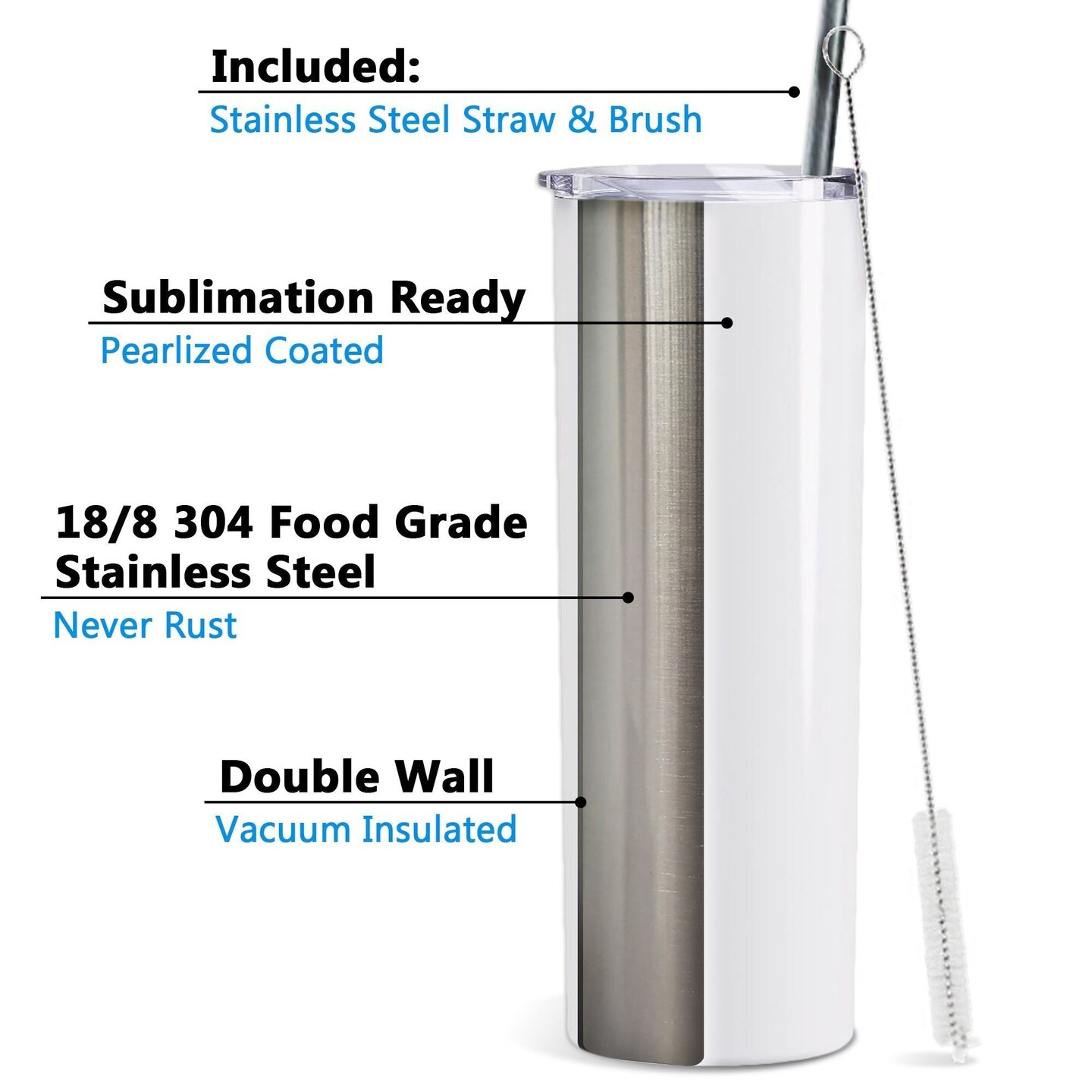 ProSub 20oz Straight Skinny Tumbler Sublimation Blanks Matte White - 30 Pack