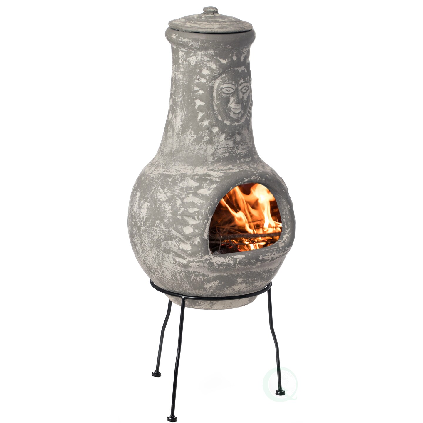 Vintiquewise Outdoor Clay Chiminea Fireplace Sun Design Wood Burning Fire Pit with Sturdy Metal Stand Barbecue Cocktail Party Cozy
