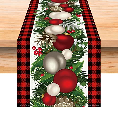 Linen Red and Black Buffalo Check Plaid Christmas Table Runner 72 Inches Long Seasonal Winter Christmas Xmas Holiday Farmhouse Style Table Decoration