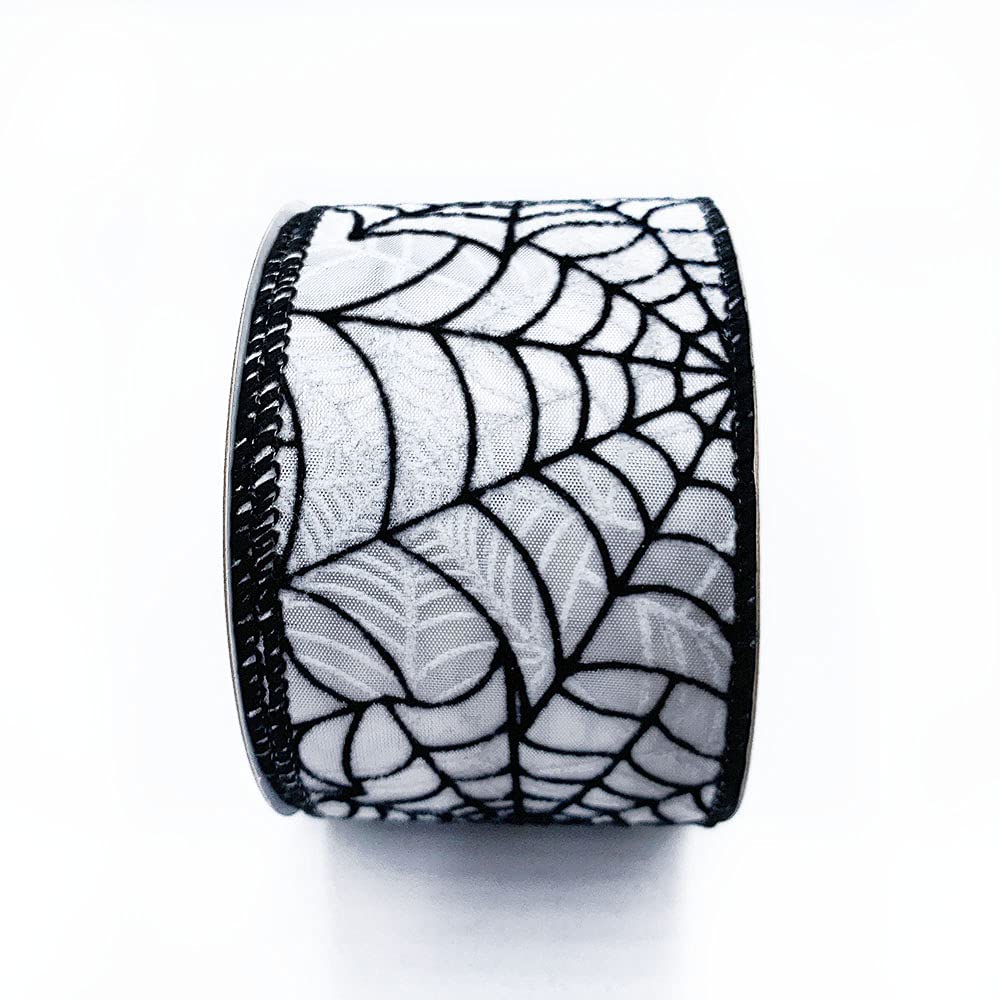 Designer&#x27;s Shop Halloween Black Spider Web on White Satin wired edge ribbons WR 63-5113, 2.5&#x22; x 10 yards
