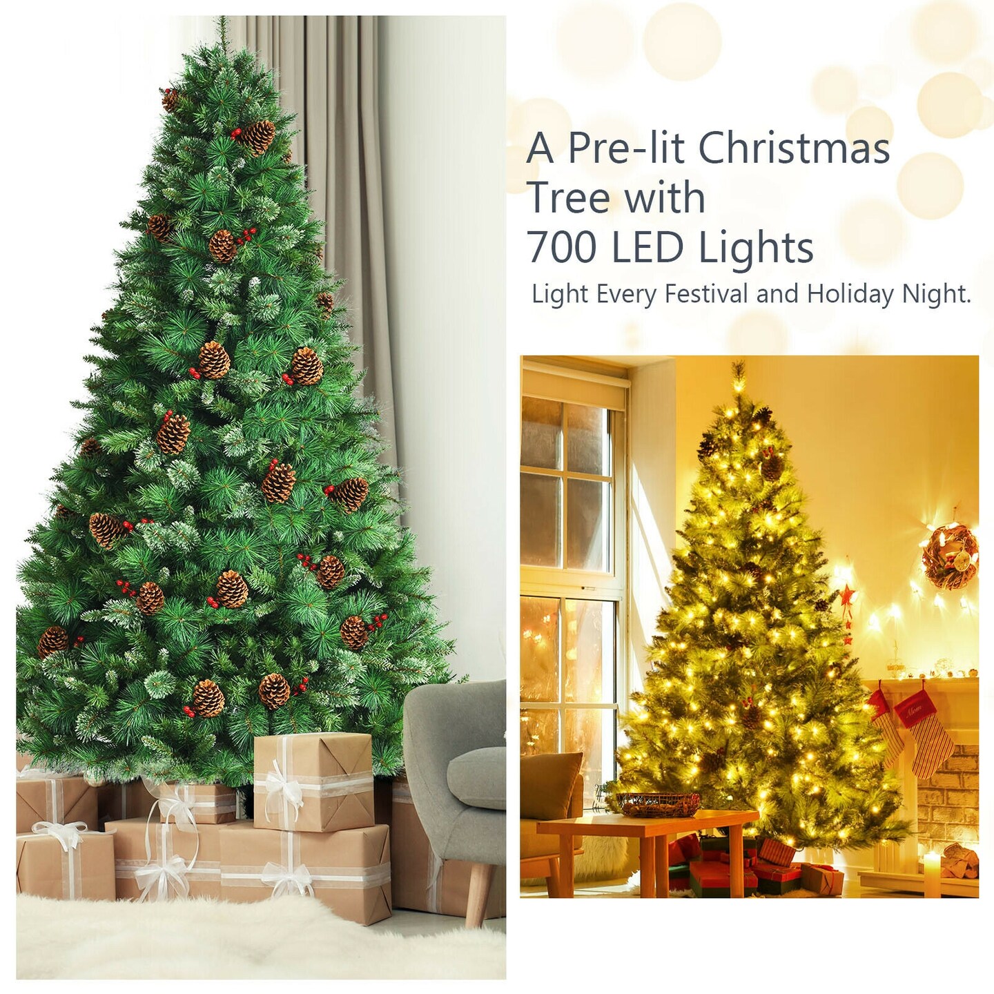 Pre-lit Hinged Christmas Tree with Pine Cones and Red Berries