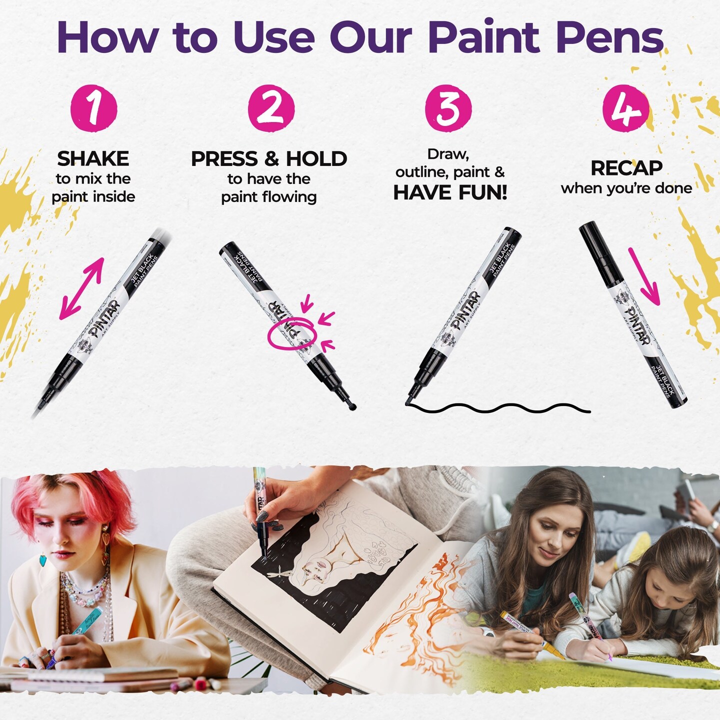 PINTAR Premium Acrylic Paint Pens - 1mm Fine Tip Pens For Rock Painting, Ceramic Glass, Wood, Paper, Fabric &#x26; Porcelain, Water Resistant Paint Set, Surface Pen, Craft Supplies, DIY Project (6 Black)