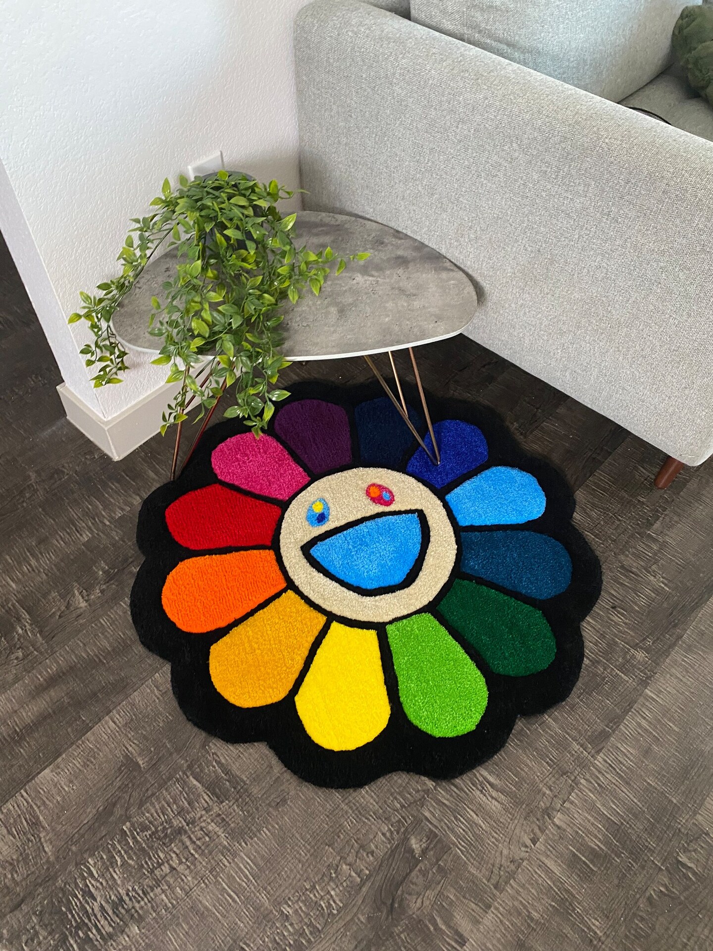 Rainbow Flower Rug for Living Room, Handmade Rainbow Flower Rug