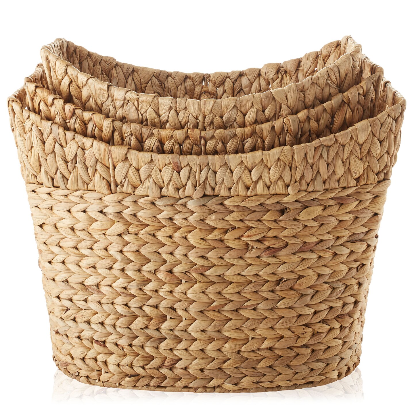 Casafield Set of 3 Stackable Oval Laundry Baskets with Handles - Natural, Woven Water Hyacinth Storage Totes for Throw Blankets, Bathroom, Bedroom, Living Room