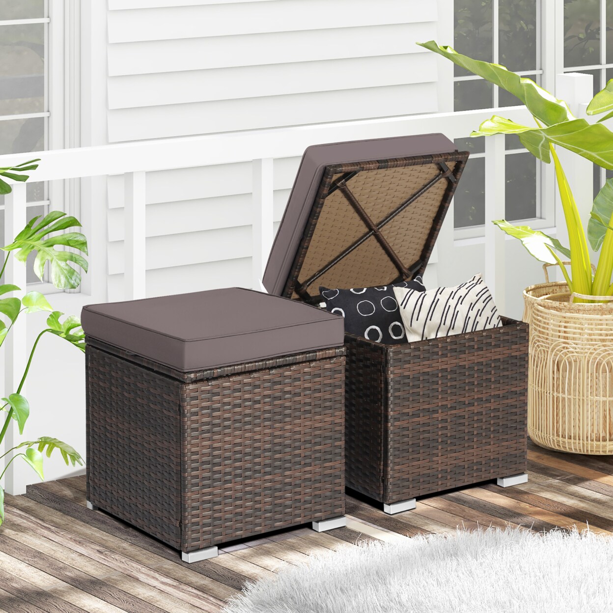 Gymax 2PCS Outdoor Patio Ottomans Hand-Woven PE Wicker Footstools w/ Removable Cushions