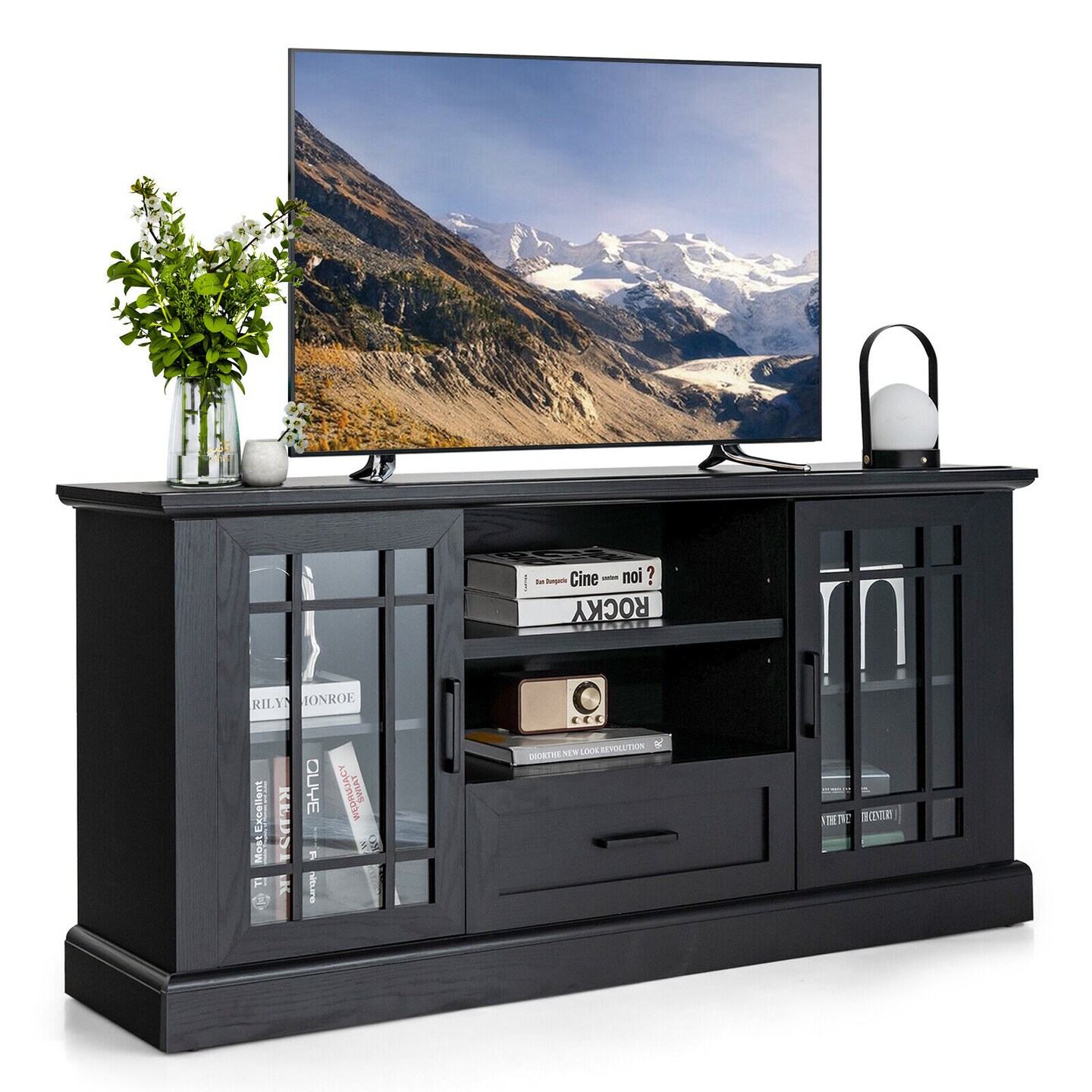 TV Stand for TVs up to 70 with Glass Doors Cubbies and Drawer-Black