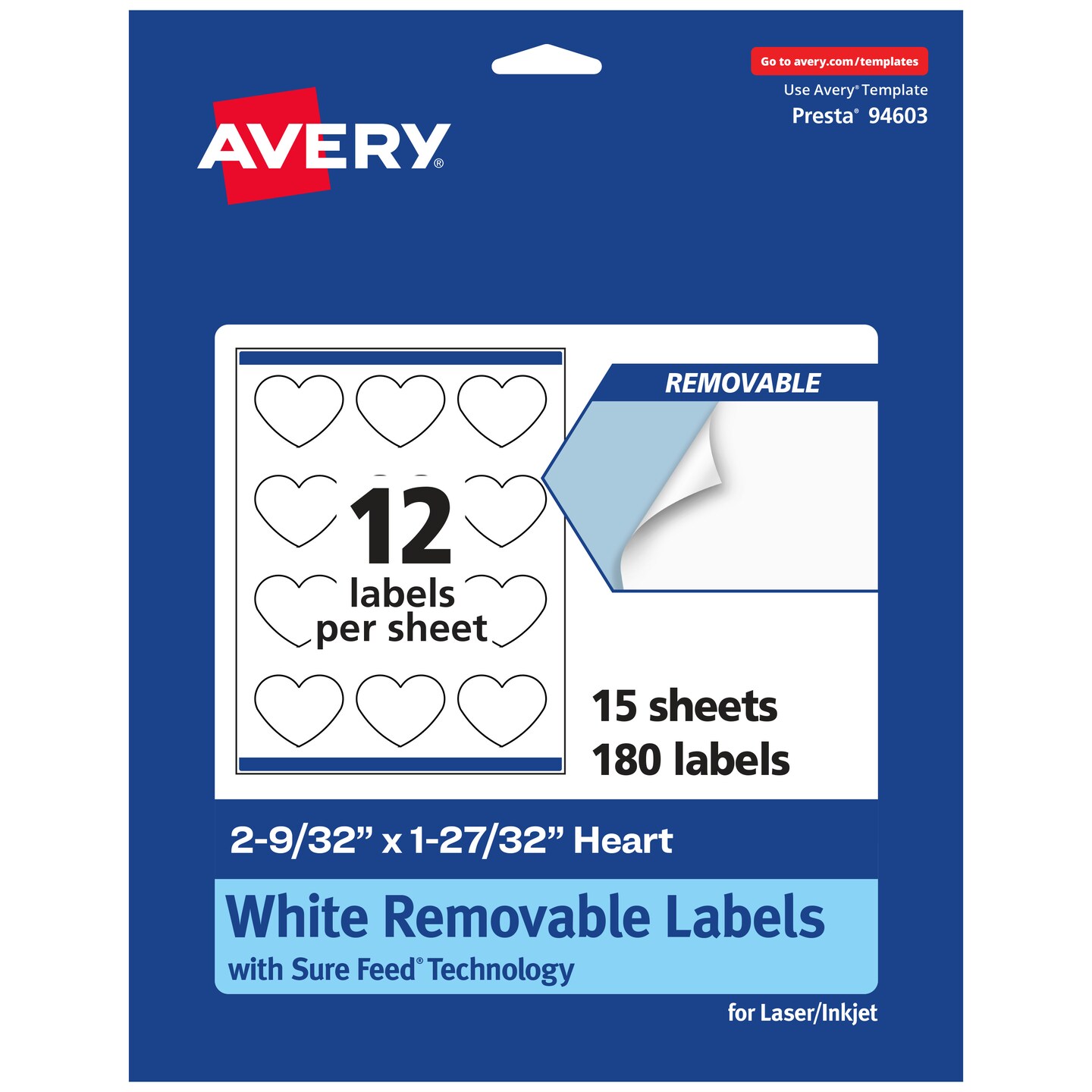 Avery Matte White Removable Heart Labels with Sure Feed Technology, Print-to-the-Edge, 2-9/32&#x22; x 1-27/32&#x22;