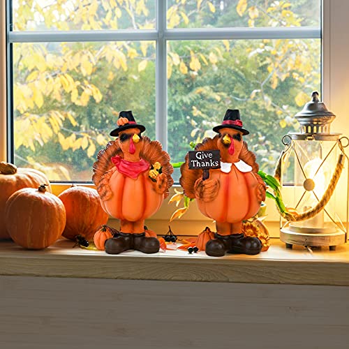 Standing Turkey Couple Thanksgiving Decorations, 2 Pack Resin Turkeys Give Thanks Autumn Fall Tabletop Decor Figurine Decorative Centerpieces Harvest Home Ornament