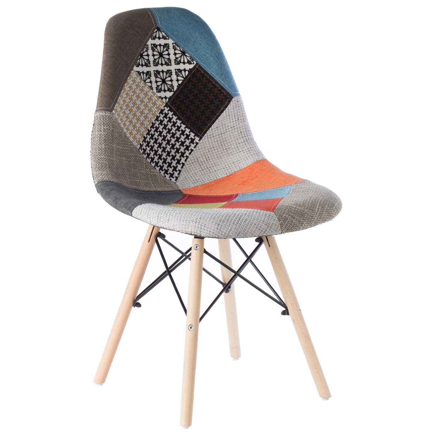 Fabulaxe Mid-Century Modern Upholstered Plastic Multicolor Fabric Patchwork DSW Shell Dining Chair with Wooden Dowel Eiffel Legs