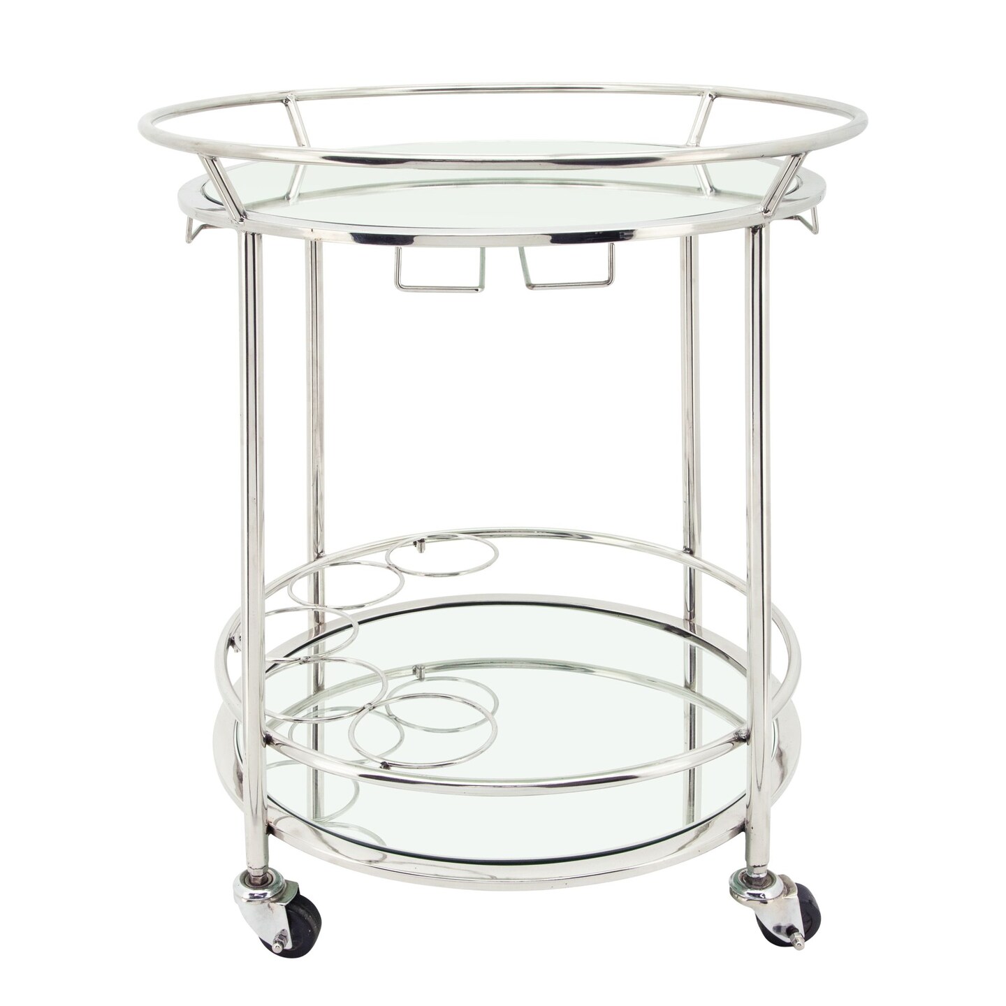 Kingston Living 27&#x22; Silver Two Tier Round Rolling Bar Cart with Glass Top