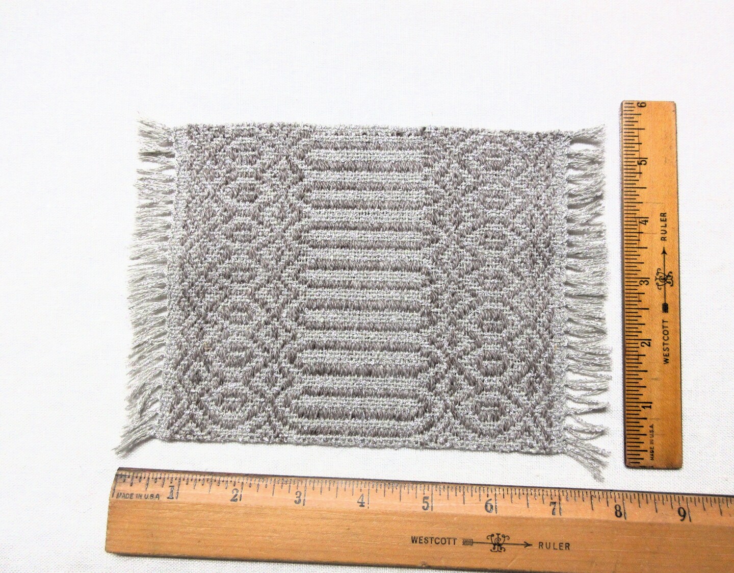 Handwoven heirloom miniature dollhouse rug, alter mat or table mat, woven in a Rosepath twill pattern. Alpaca wool, cotton silk. 8" by 5" product 4