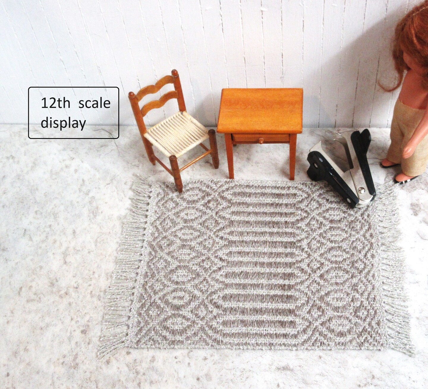 Handwoven heirloom miniature dollhouse rug, alter mat or table mat, woven in a Rosepath twill pattern. Alpaca wool, cotton silk. 8" by 5" product 2