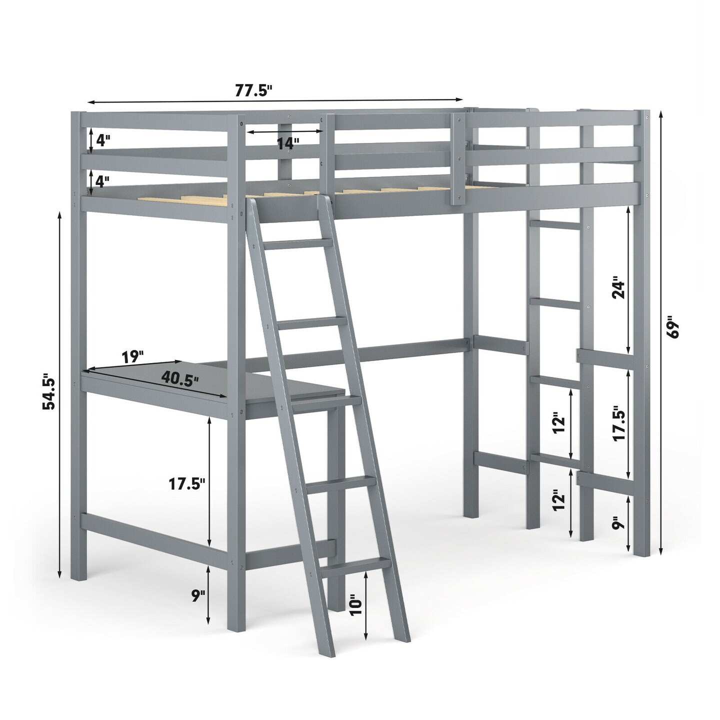 Twin Size Pine Wood Loft Bed with Desk, Guardrail, Dual Ladders