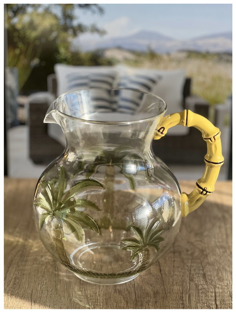 3 Quarts Designer Classic Palm Tree Acrylic Pitcher with Bamboo Handle - Crystal Clear and Break Resistant