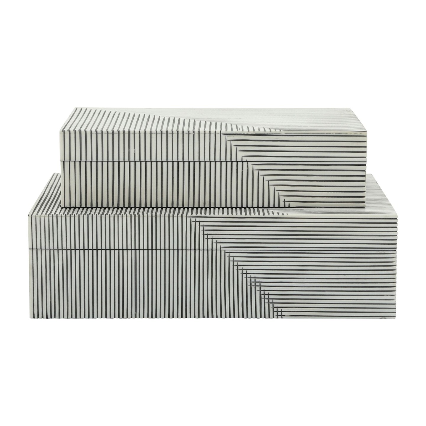 Kingston Living Striped Ridged Decorative Storage Boxes - 12&#x22; - White and Black - Set of 2