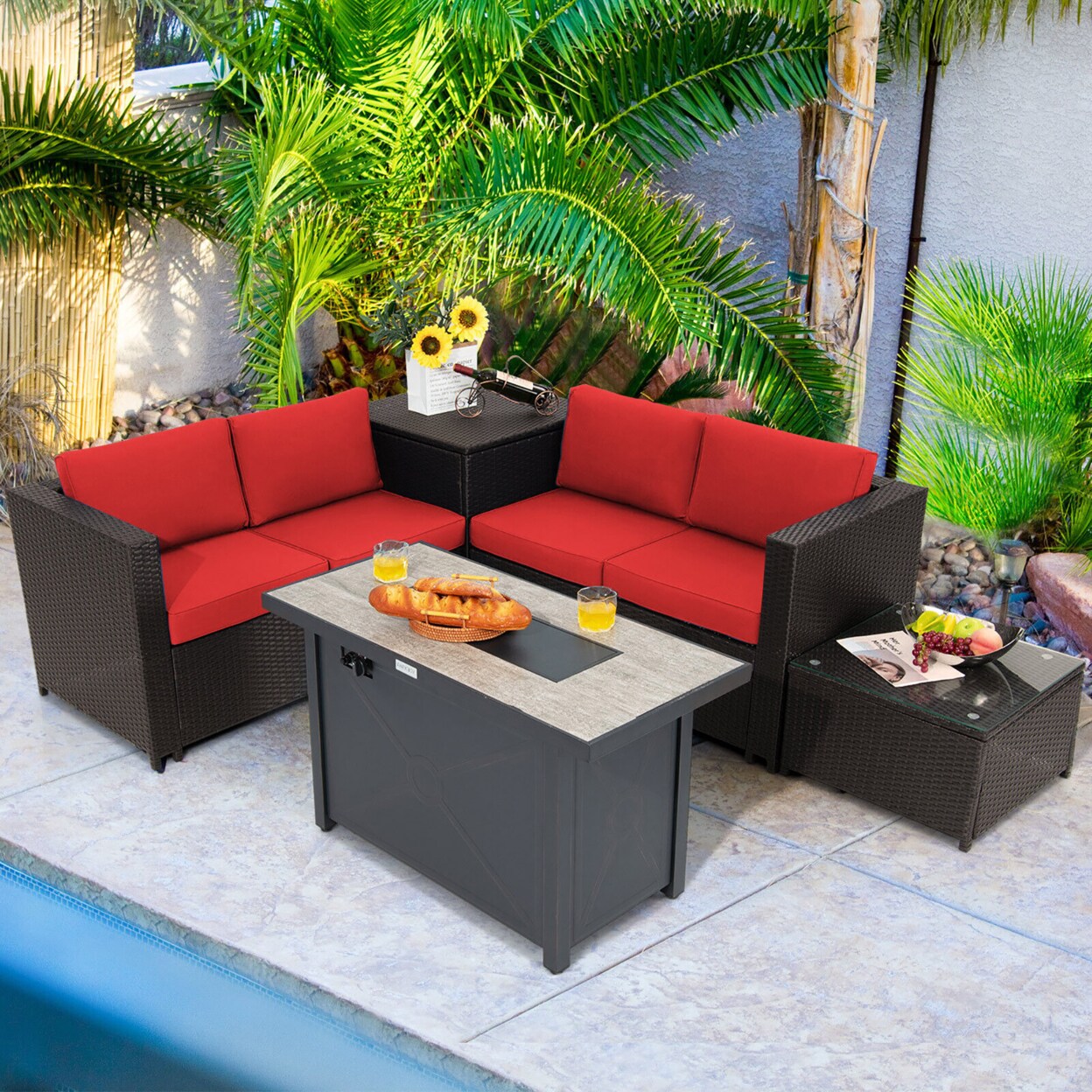 Gymax 5PCS Patio Rattan Furniture Set Fire Pit Table w/ Cover Storage Cushion
