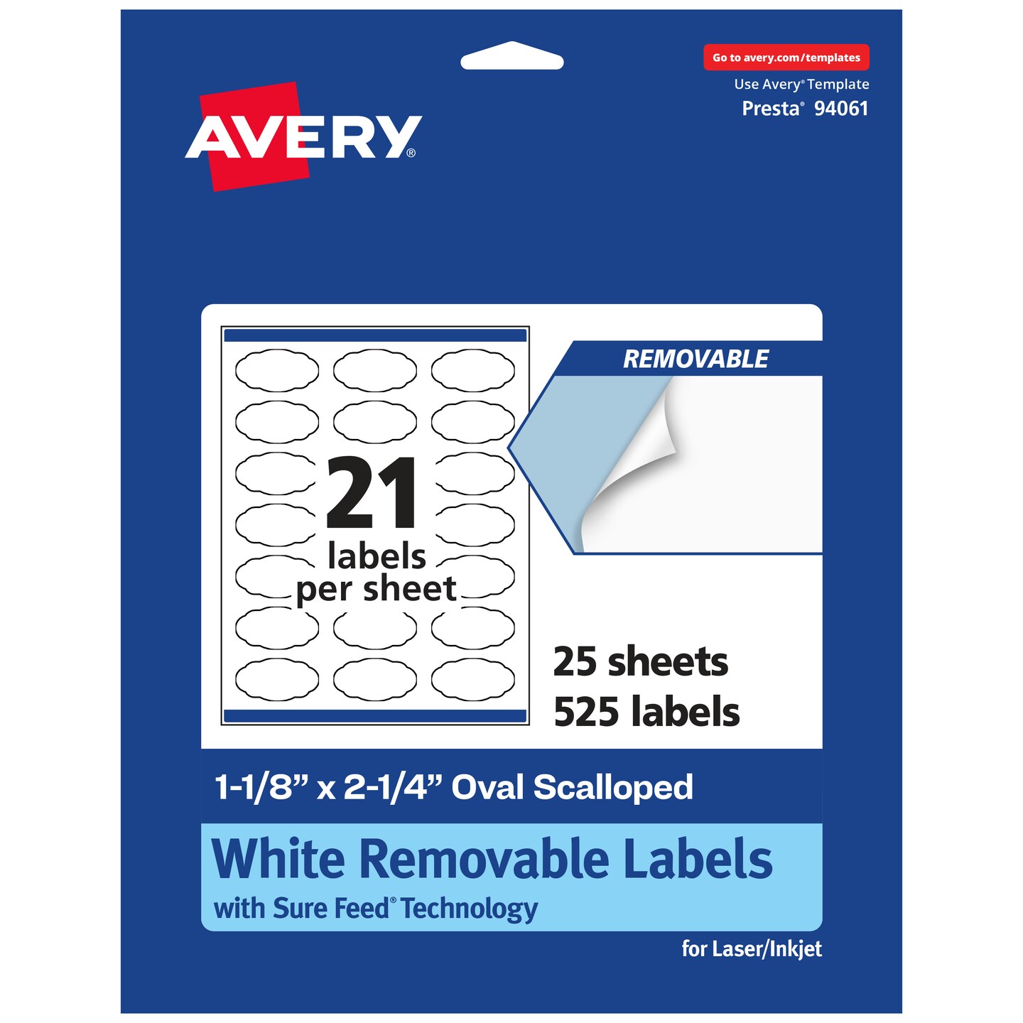 Avery Matte White Removable Oval Scalloped Labels with Sure Feed Technology, Print-to-the-Edge, 1-1/8" x 2-1/4"