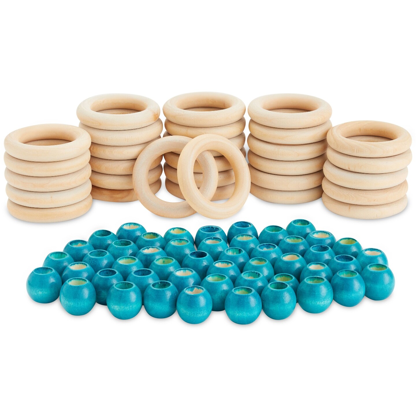 Unfinished Teal Wood Beads and Wooden Rings for Macrame, DIY Crafts (80  Pieces)