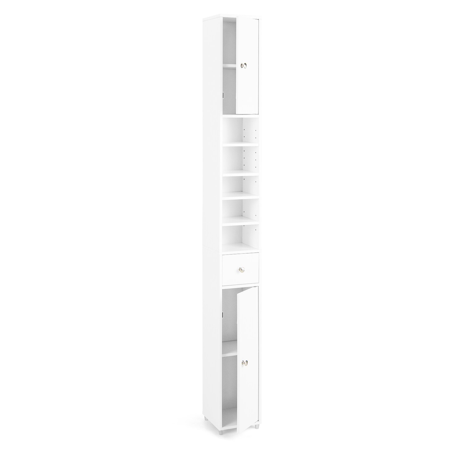 White MDF Freestanding Tall Narrow Bathroom Cabinet Storage Organizer with Drawer and Shelves